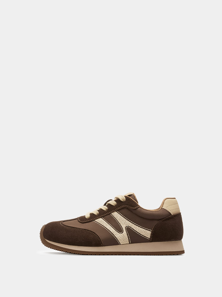 Retro Wide Width Sneakers with Embroidered Dark Brown