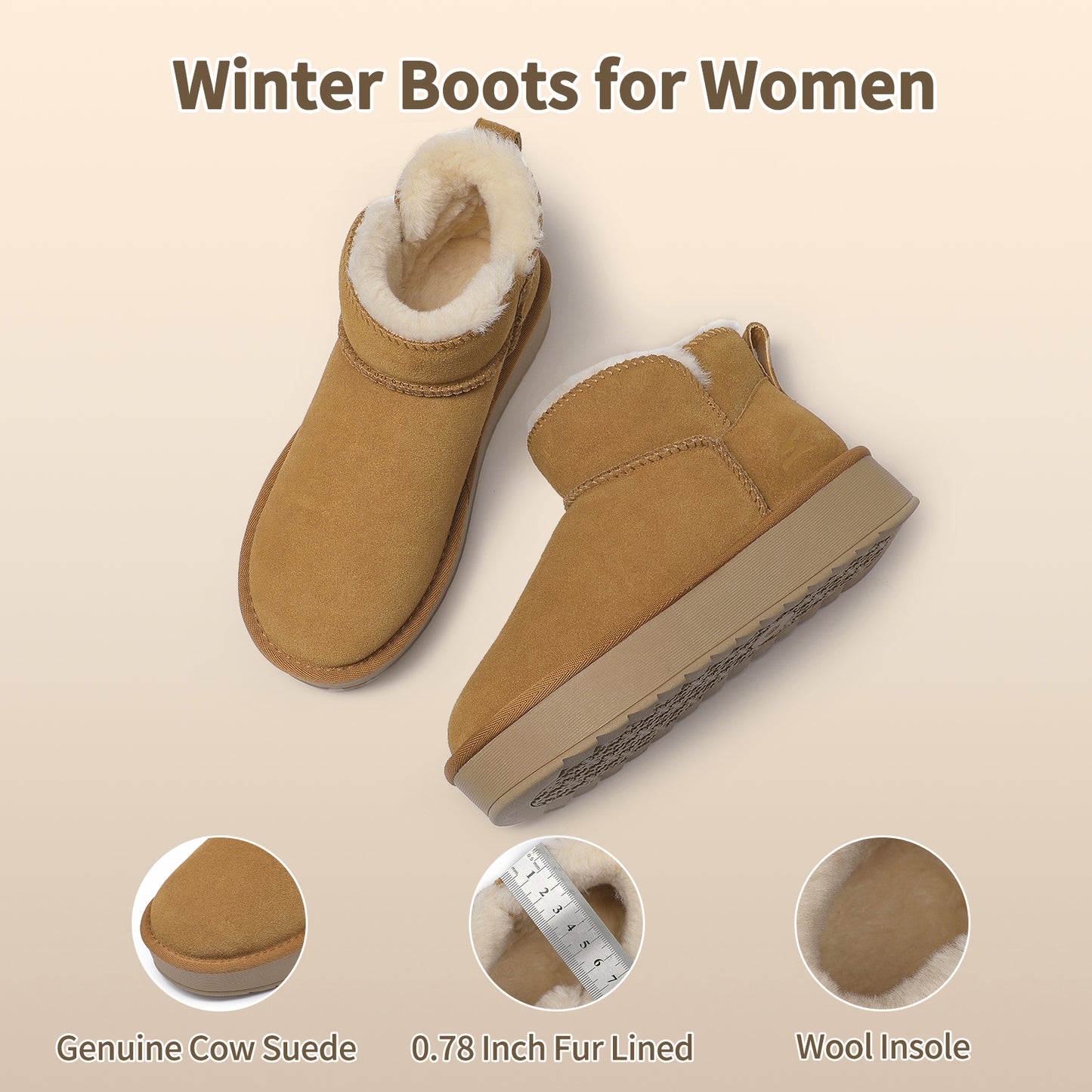 somiliss Winter Snow Boots for Women: Genuine Cow Suede Leather Non-Slip TPR Outsole Fur Lined Ankle Boots