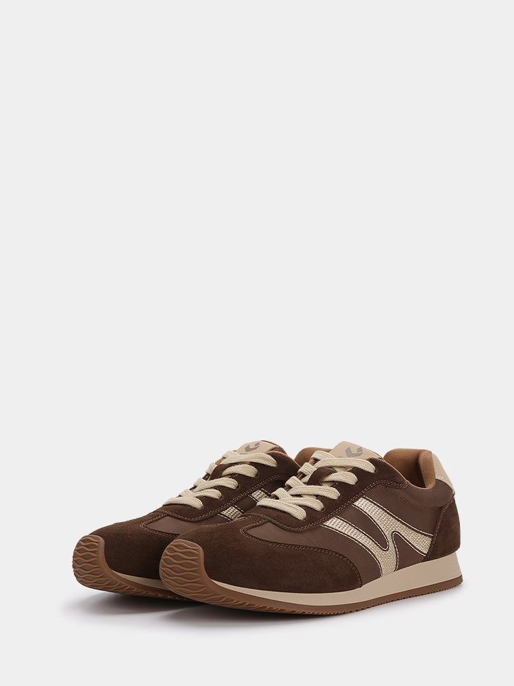Retro Wide Width Sneakers with Embroidered Dark Brown