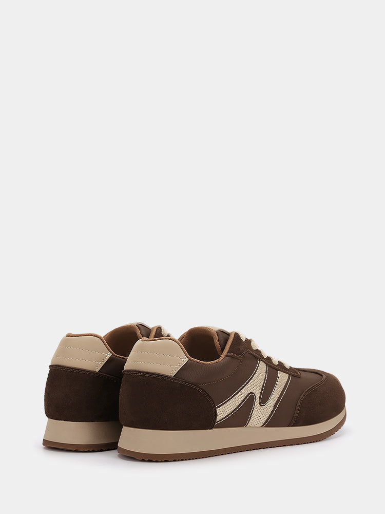 Retro Wide Width Sneakers with Embroidered Dark Brown