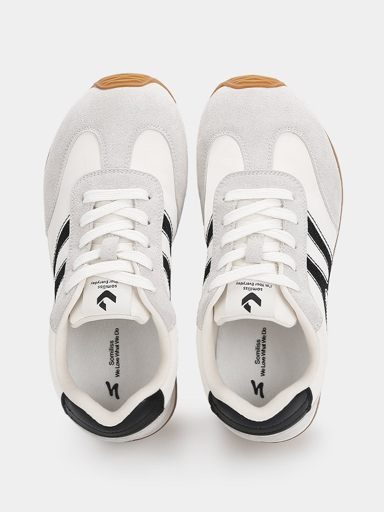 Retro Wide-Toe Sneakers with Embroidered White/Black Grey