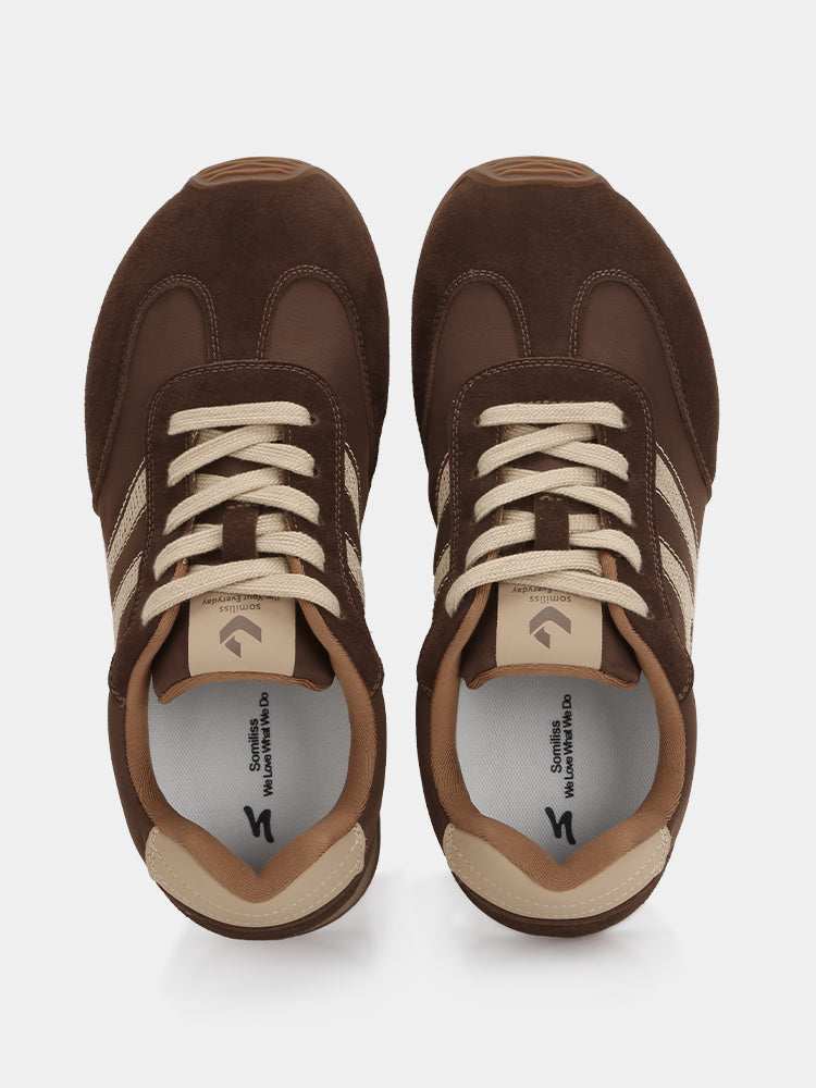 Retro Wide Width Sneakers with Embroidered Dark Brown
