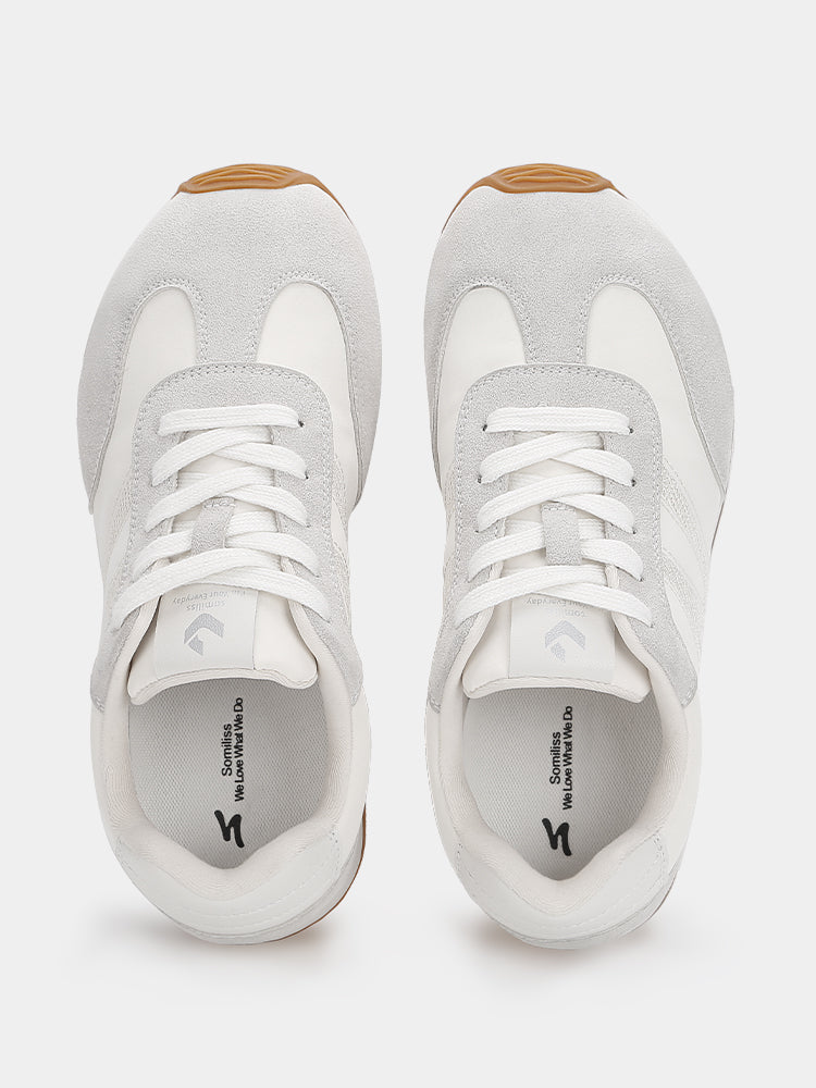 Retro Wide-Toe Sneakers with Embroidered White/Grey