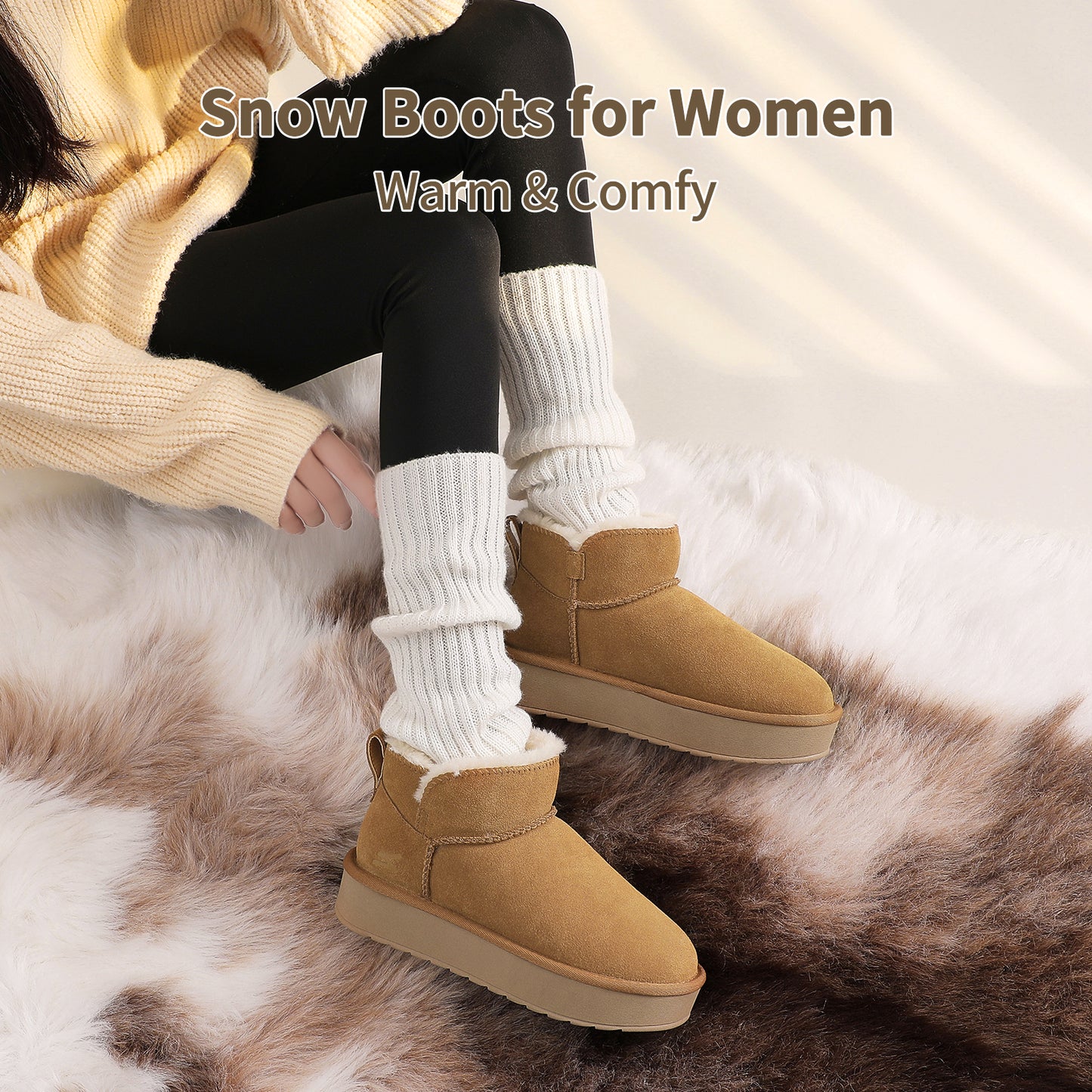 somiliss Winter Snow Boots for Women: Genuine Cow Suede Leather Non-Slip TPR Outsole Fur Lined Ankle Boots