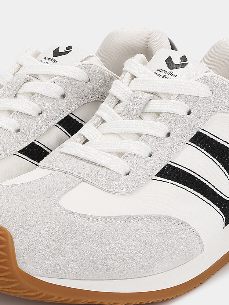 Retro Wide-Toe Sneakers with Embroidered White/Black Grey